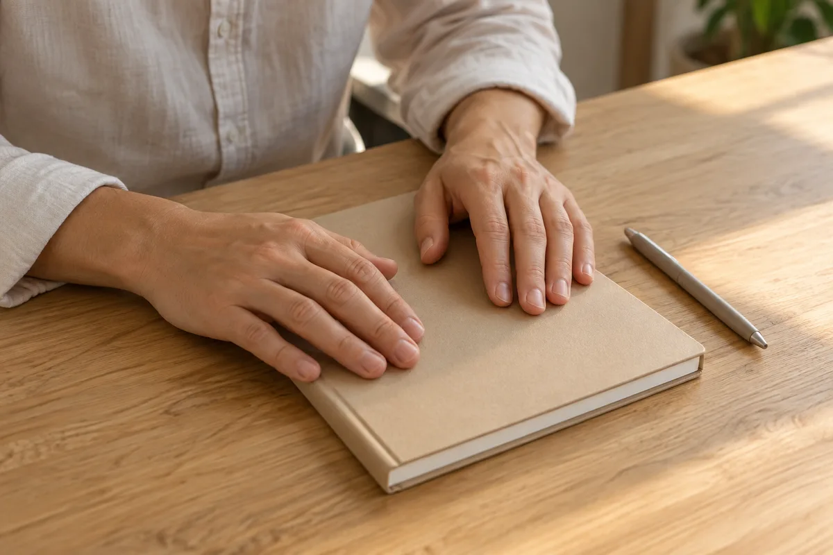 Mains posées sur un carnet fermé pendant un entretien d’embauche