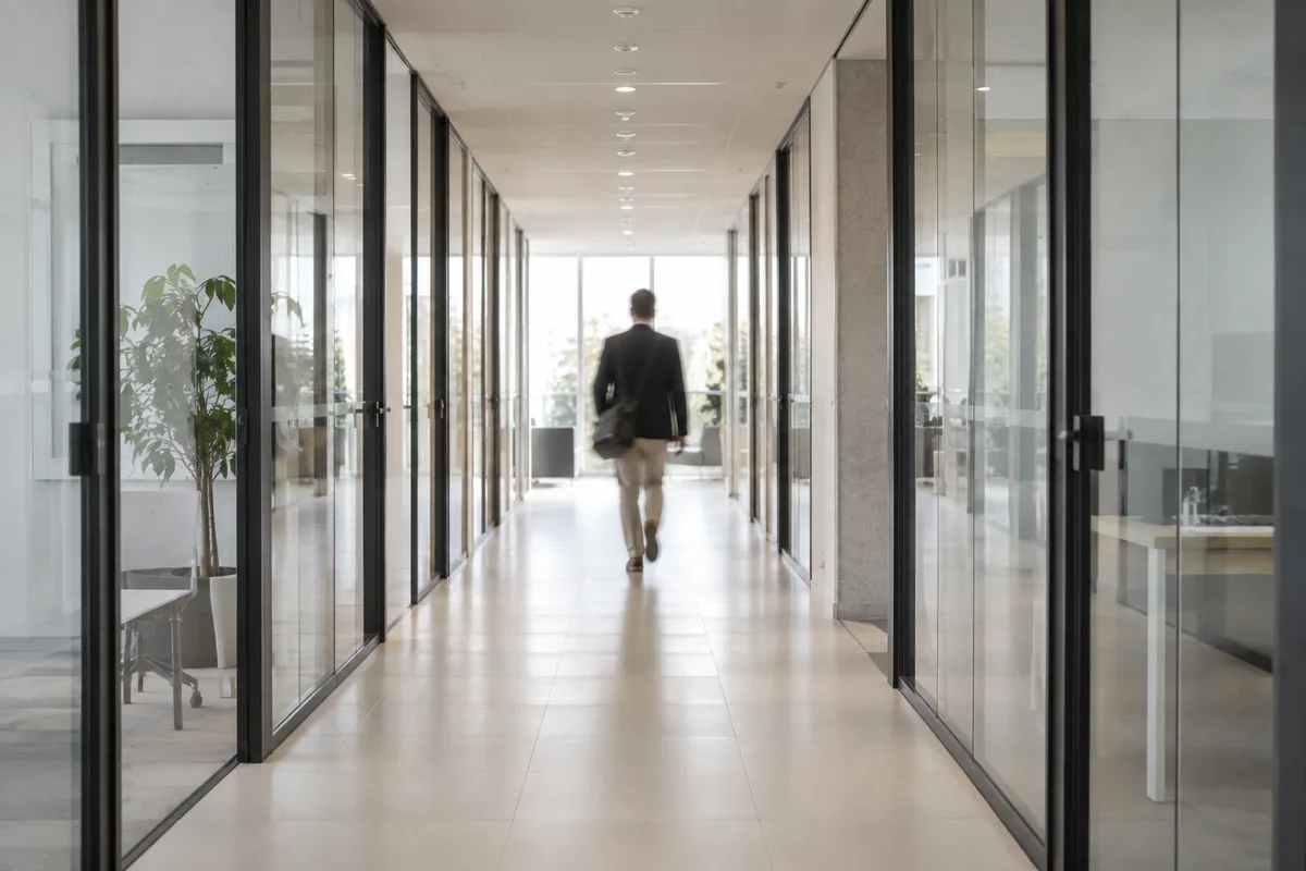 Couloir de bureaux parcouru de dos avant un rendez-vous de recrutement