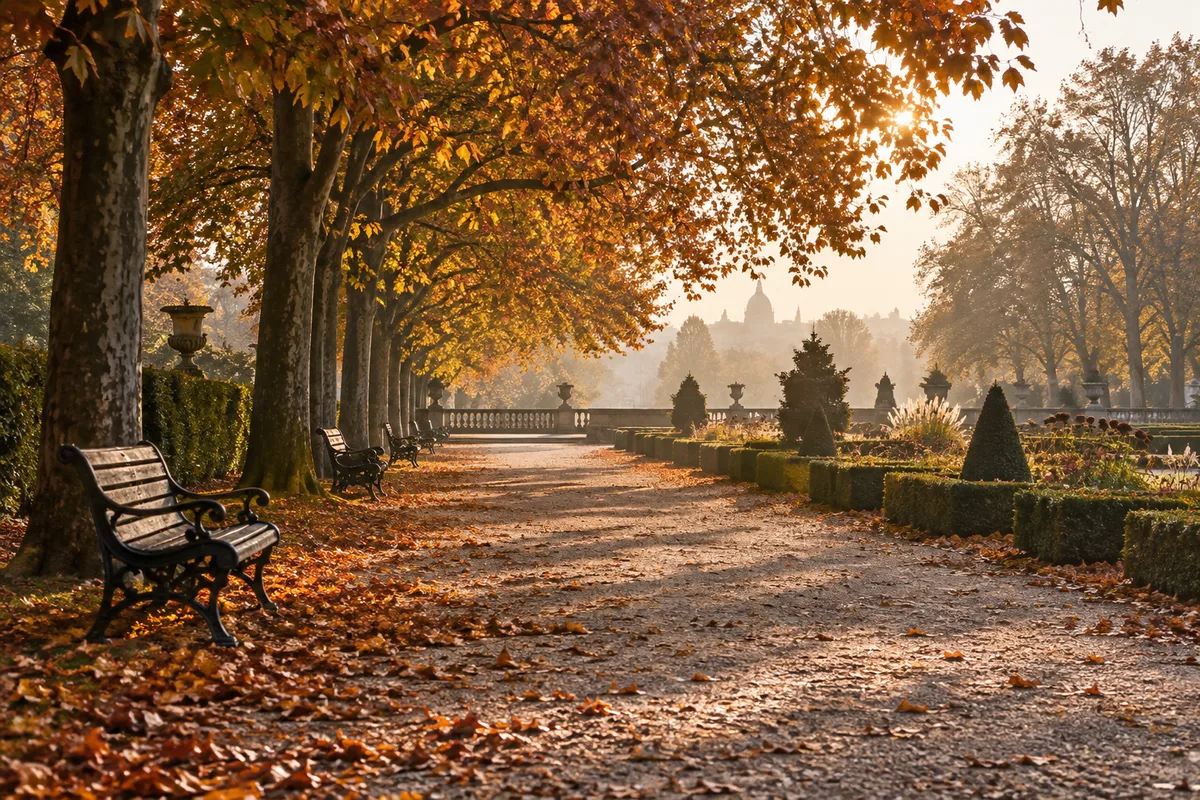 Allée d&rsquo;un parc arboré aux couleurs d&rsquo;automne à Rennes